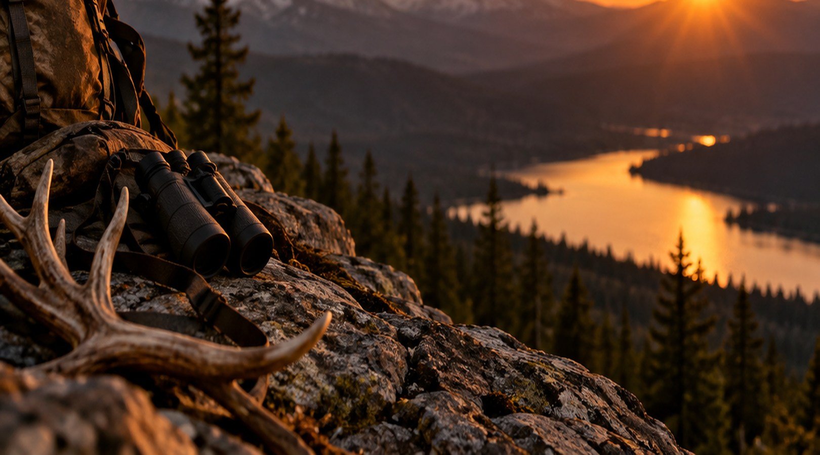 Hunting binoculars and antlers overlooking a sunset landscape